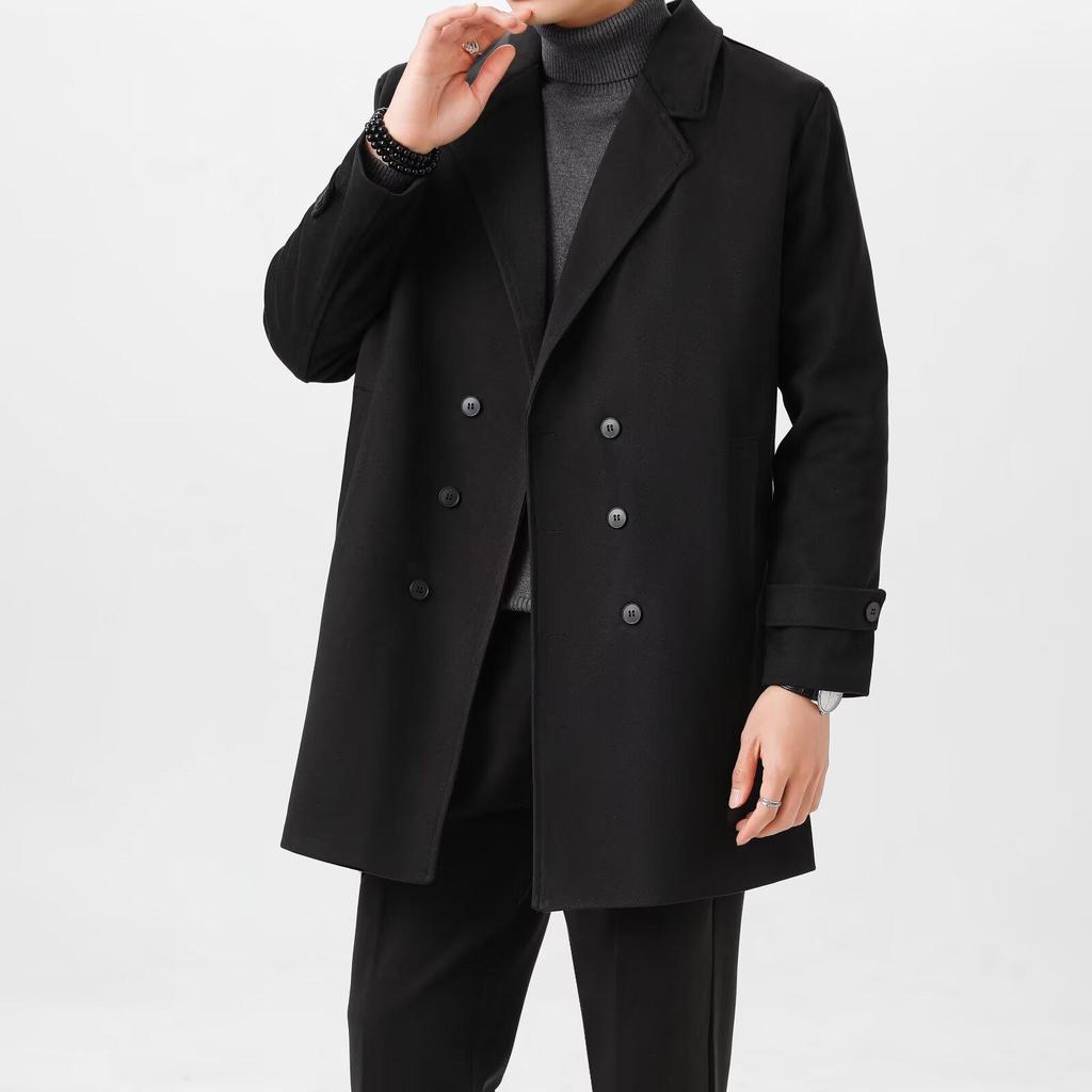 Men's Trendy Thickened Double-Breasted Mid-Length Wool Trench Coat