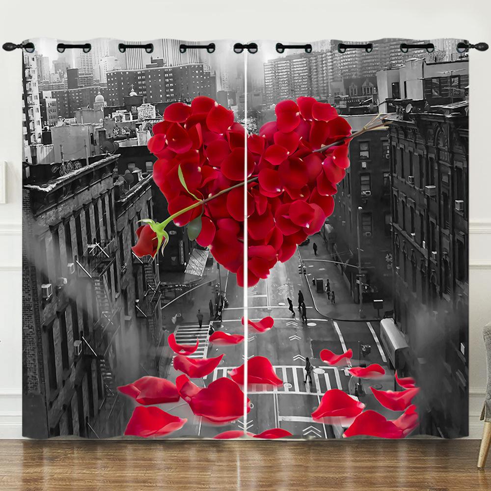 Curtains Flowers Roses Plants Flowers 3D Digital Printing Blackout Curtain Punching