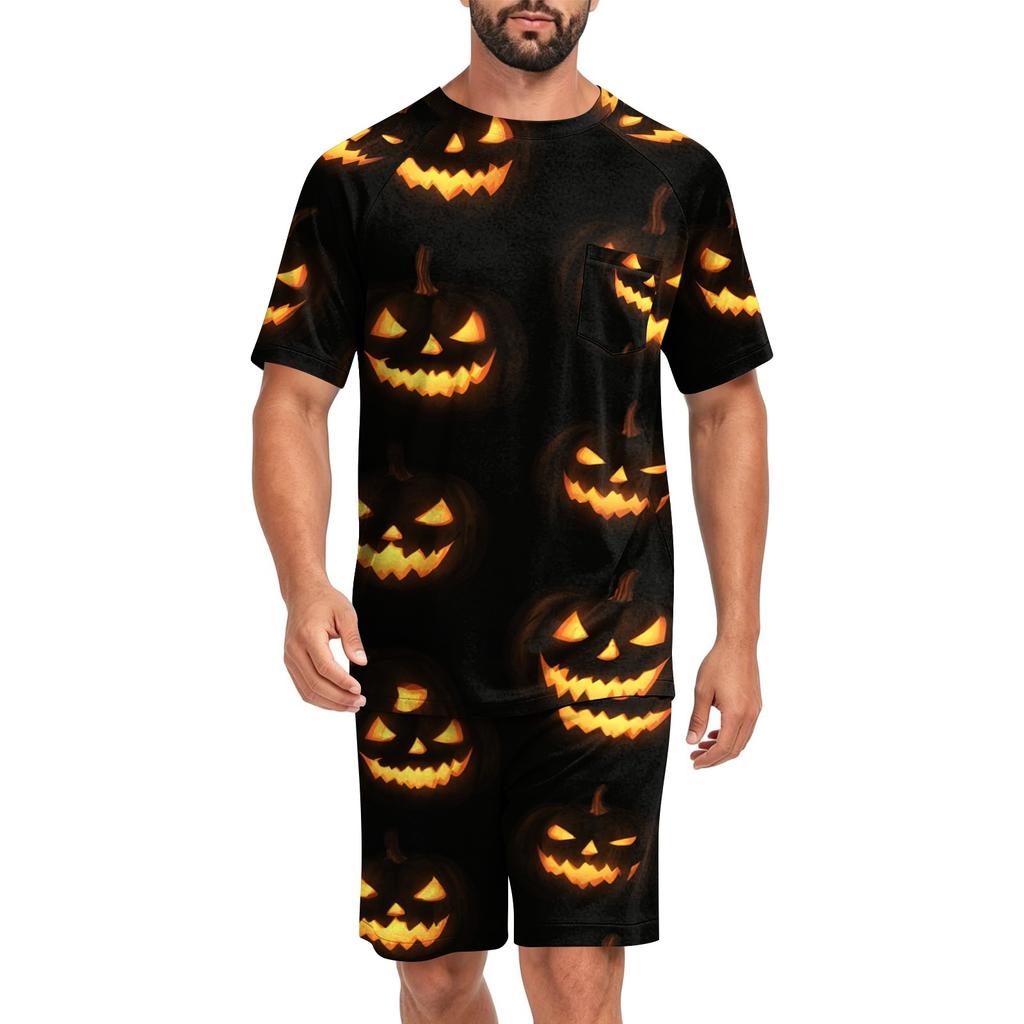 Men's Halloween Casual Pajama Set Short Sleeve Top and Shorts Comfortable Lightweight Sleepwear Set with Pumpkin and Bat Print for Home Use