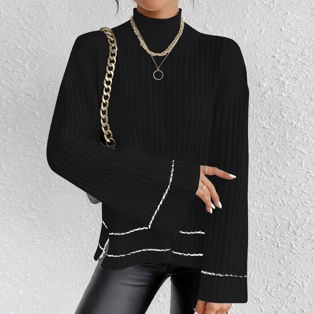 Women's Casual Fashion Colorblock Knitted Brushed Turtleneck Long Sleeve Top