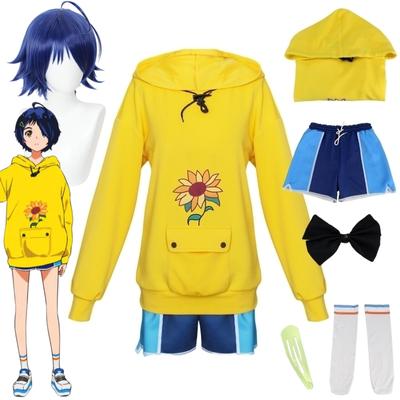 Anime WONDER EGG PRIORITY Ohto Ai Cosplay Costume Dark Blue Wig with Hoodies Pants Bow Socks Outfits Christmas Carnival Clothing