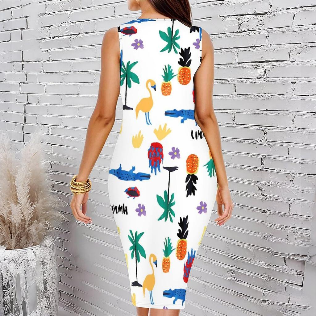 Women Plus Size Sleeveless Round Neck Midi Bodycon Dress Underwater Coral Fish Print Slim Fit Dress