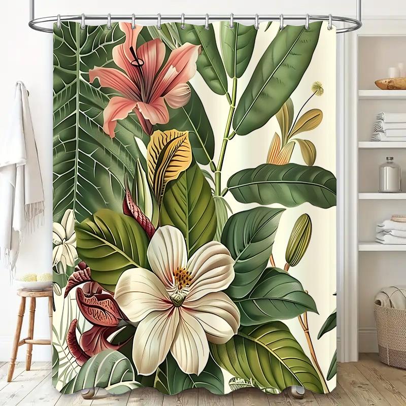 Exotic Tropical Plant Shower Curtain - Vibrant Floral Design For Bathroom Decor - Durable Waterproof Fabric With Rustproof Hooks