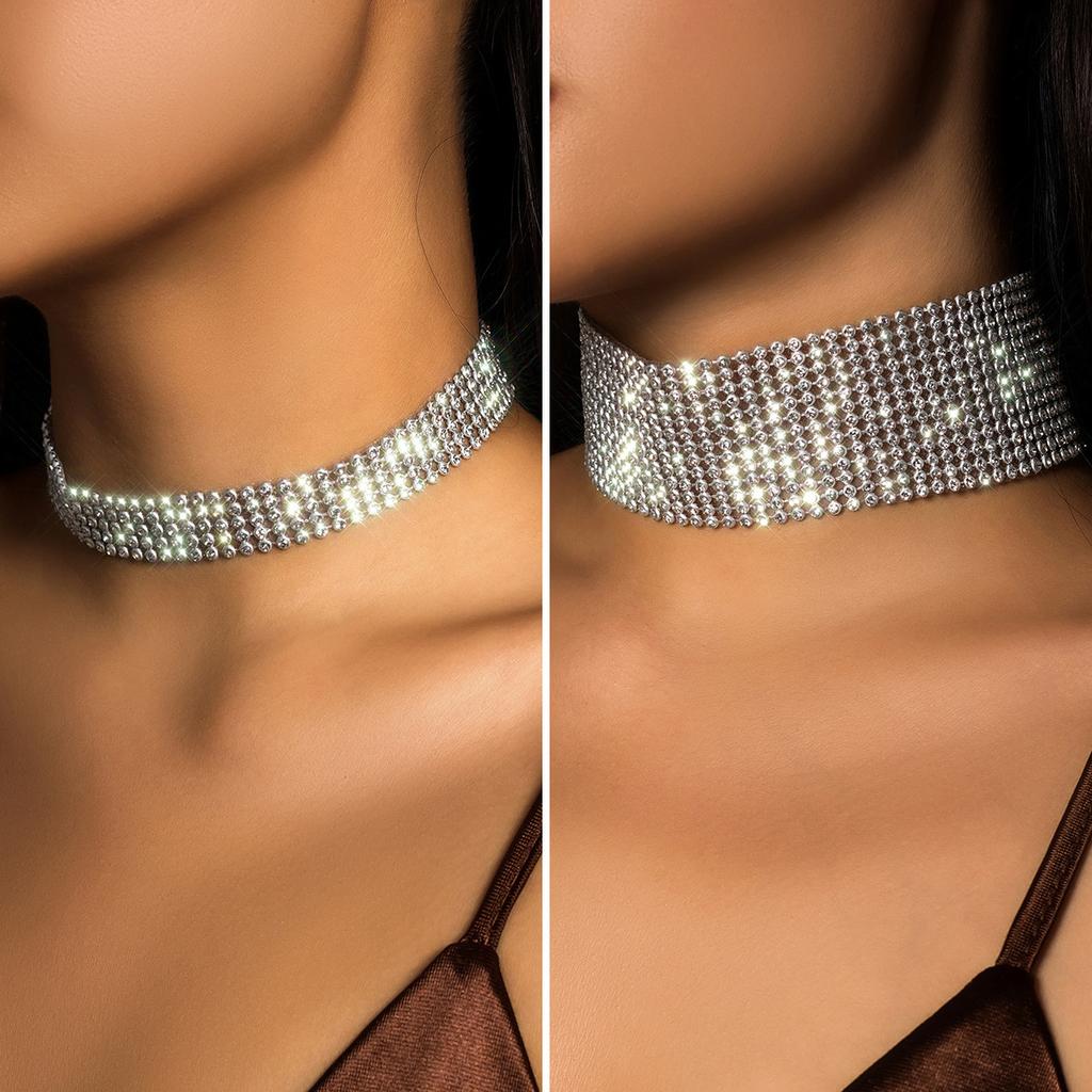 Jewelry, personalized wide-sided flash diamond show necklace, exaggerated full diamond bundle neck collar choker woman