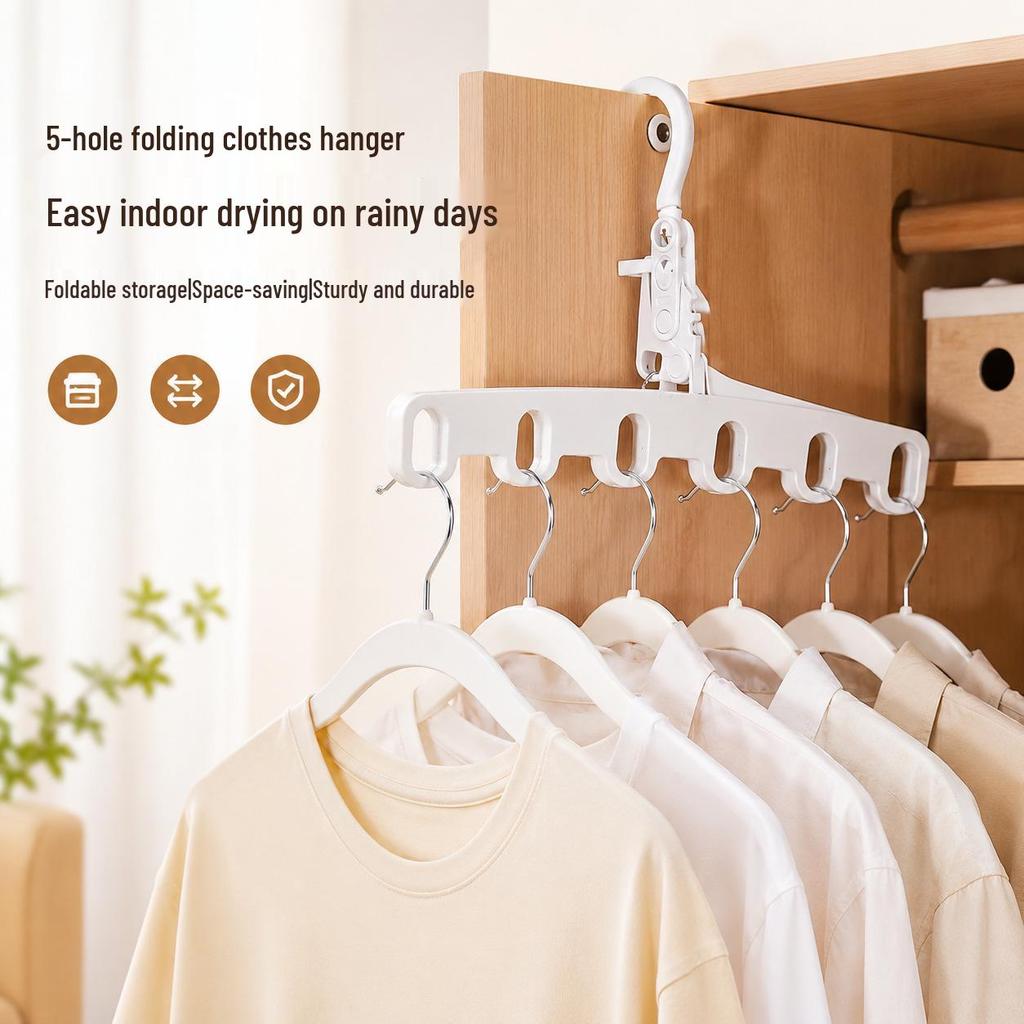 Portable Five-Hole Folding Clothes Hanger for Travel, Dormitory, Hotel, and Indoor Drying.