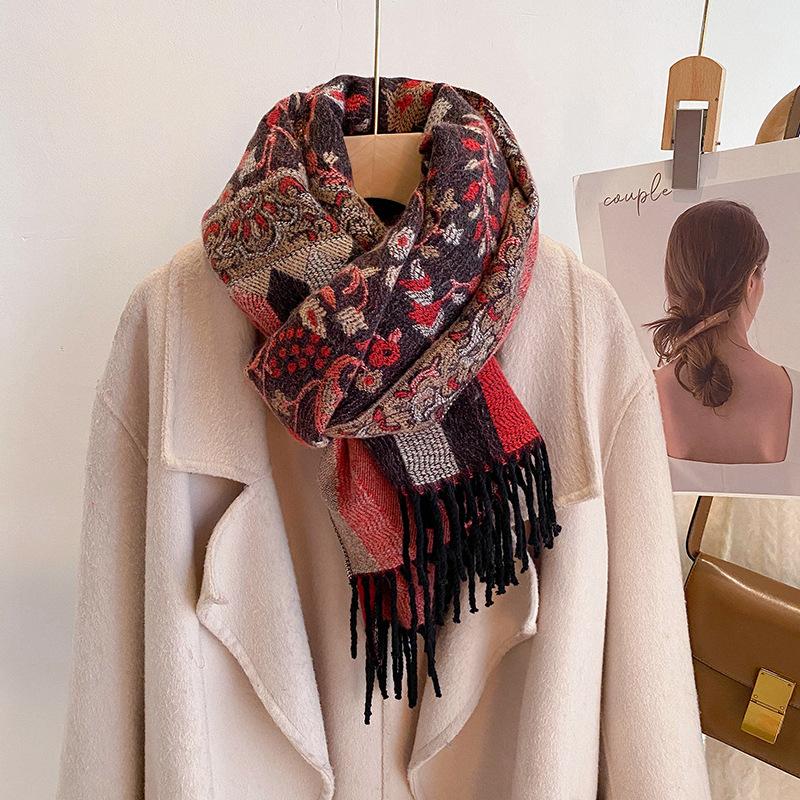 Small floral tassel shawl women's autumn and winter core-spun yarn warm scarf thickened imitation cashmere travel scarf