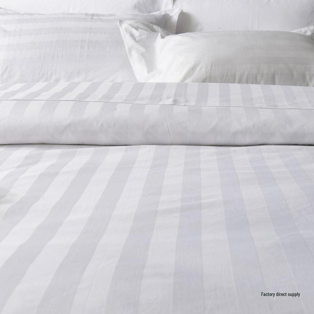 Hotel-Grade White Cotton Fitted Sheet with Three-Centimeter Stripe