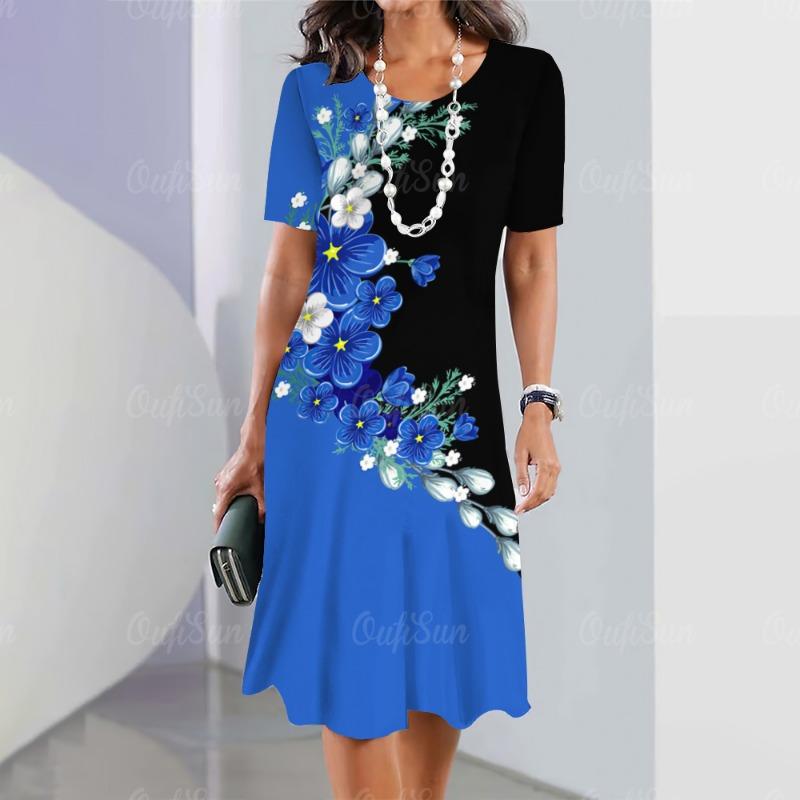 Neue Vintage Damenkleider mit Blumen-Patchwork-Print, elegantes, lässiges Kurzarmkleid Y2k, lockeres, übergroßes Modekleid 2023