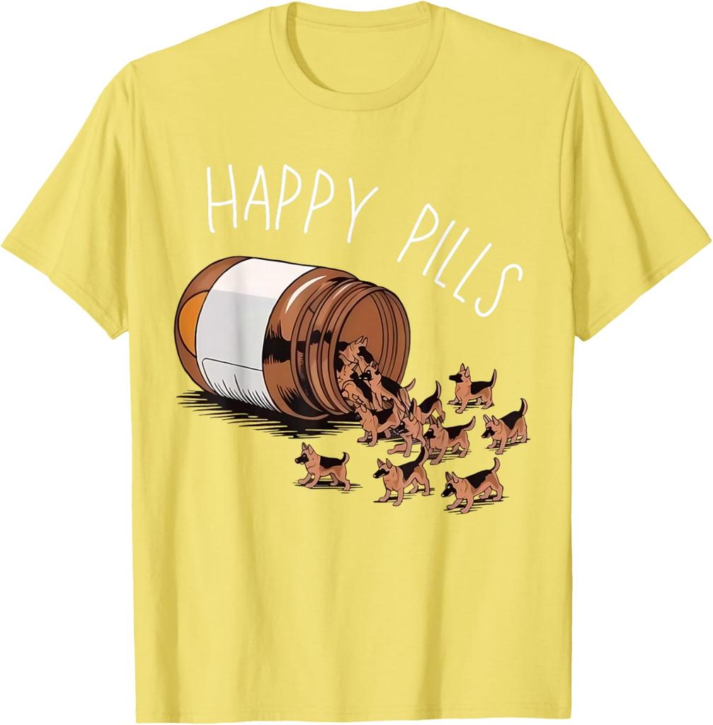 Happy Pills German Shepherd Dog Lovers Graphic Print TShirt Casual Wear Cotton Tee