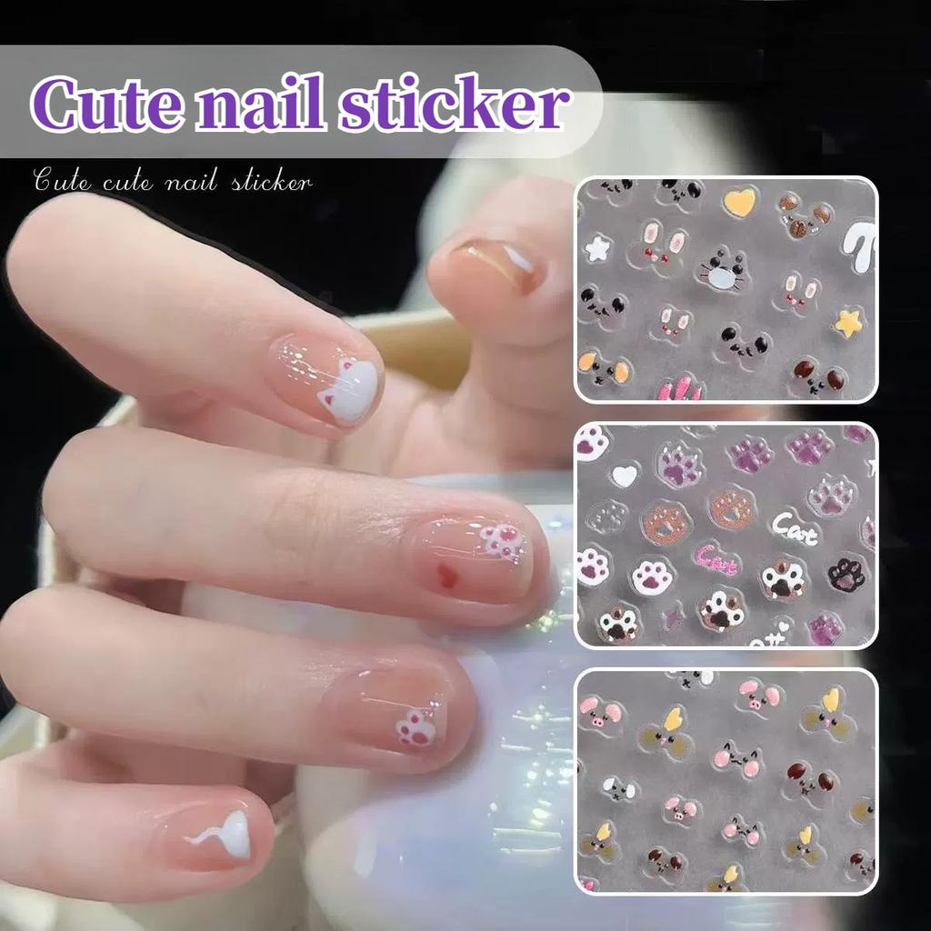 3D Tier Nagelaufkleber Selbstklebend Niedliche Katzenpfote Press-On Nägel Jelly Gel Relief Aufkleber für DIY Nägel Falsche Nägel Dekor für Mädchen
