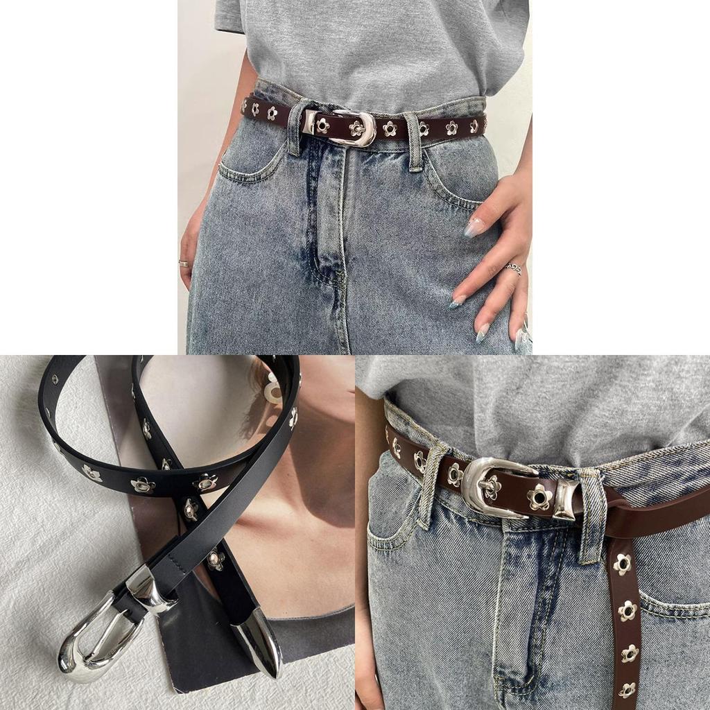 Women Skinny Pu Leather Belt Fashion Floral Decor For Office Wear