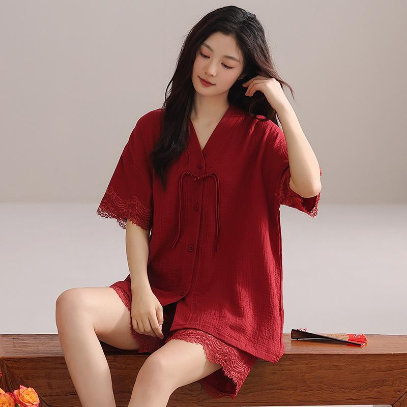 Red Cotton Couple Pajamas Wedding Set 1011 New Short-sleeved Woven Gauze Cotton Loungewear