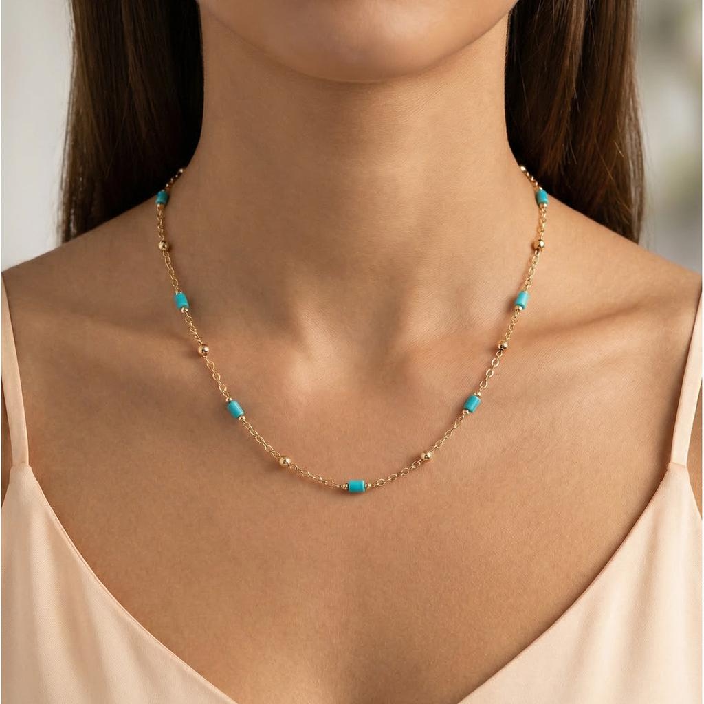 Handmade Turquoise Choker Necklace Beaded Cylinder Stone Chain for Women Summer Beach Boho Vacation Jewelry
