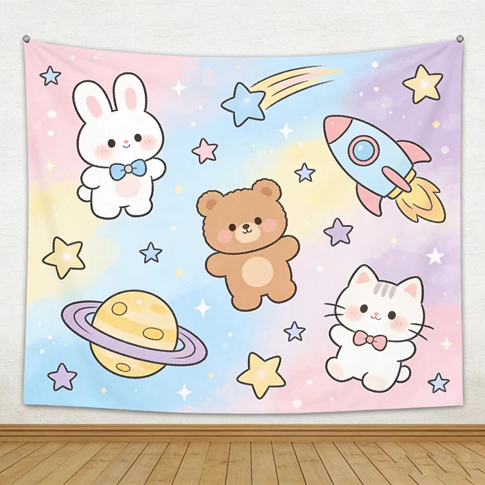 Милый Космический Приключение Гобелен Животные-Астронавты Медведь Кролик Кошка Настенное Искусство Милое Звездное Декор Комнаты в Общежитии Спальни 74x94cm(29x37in)