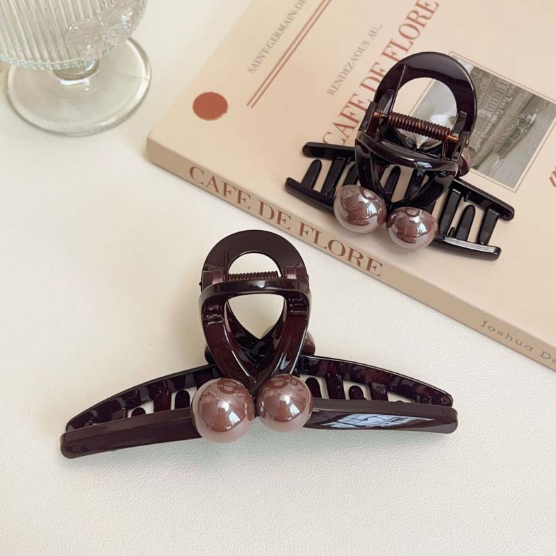 Pince à Cheveux Ronde Perles Café Vintage pour Femmes Filles Clip Requin en Plastique Exquis Grande Pince à Cheveux Headwear Bijoux Accessoires