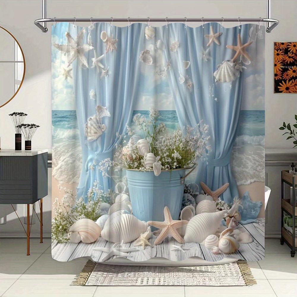 

1Pc Beach Theme Shower Curtain Light Blue Metal Bucket & White Seashells Pastel Drapes Ocean Scene 12 Hooks 70*70 Inche W60H190(CM)-1 Pcs