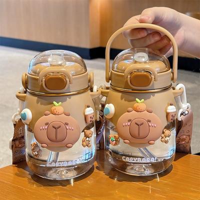 Garrafa de Água Capivara Desenho Animado Kawaii Transparente Grande Capacidade Copo com Canudo Plástico Portátil Copo de Bebida para Exterior