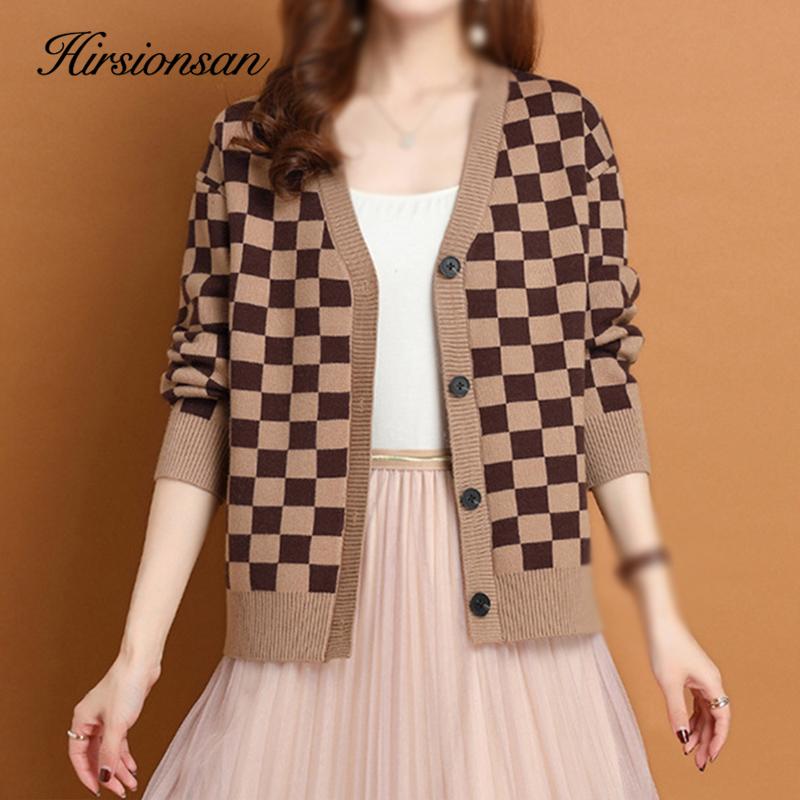 

Hirsionsan винтажный клетчатый элегантный мягкий вязаный кардиган женский свободный модный свитер с v-образным вырезом женские простые топы с длинными рукавами для отдыха
