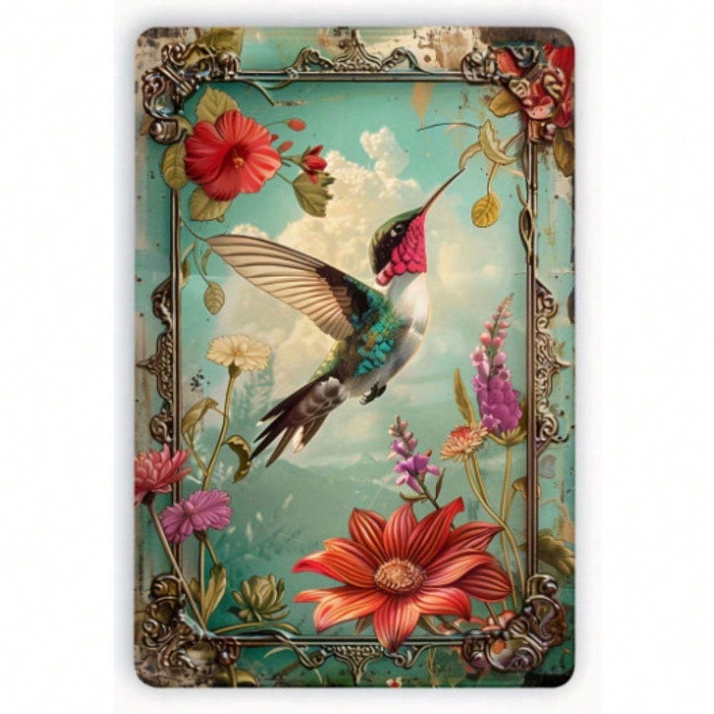 Vintage Hummingbird Floral Metal Sign, Art Nouveau Wall Art, Rustic Farmhouse Garden Home Decor Accent