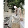 Bow Printed Short Sleeve Dress Women's Summer Gentle Waist Skinny Bubble Sleeve A-Word Long Dress