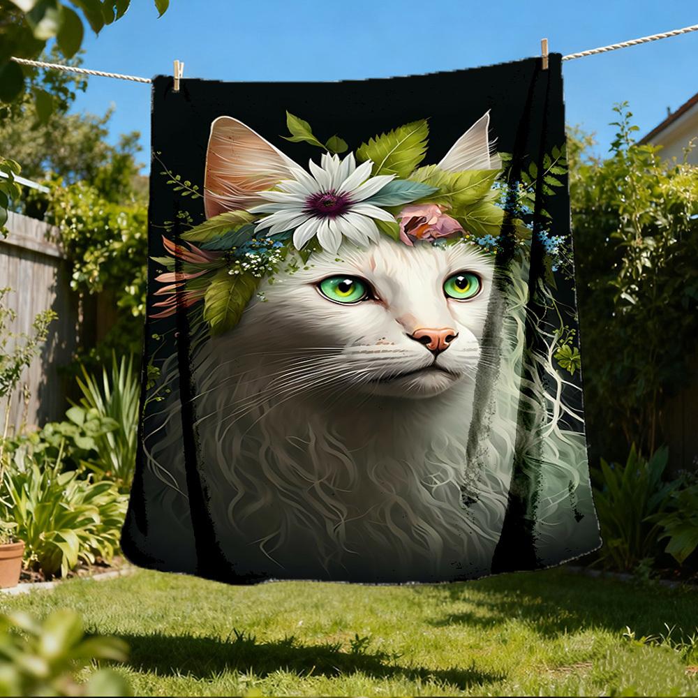 1pc Feline, Floral Outdoor Blanket - Soft Flannel Cozy for Travel & Camping - All-Season Warm Bed Cover, Machine Washable Yy251229107