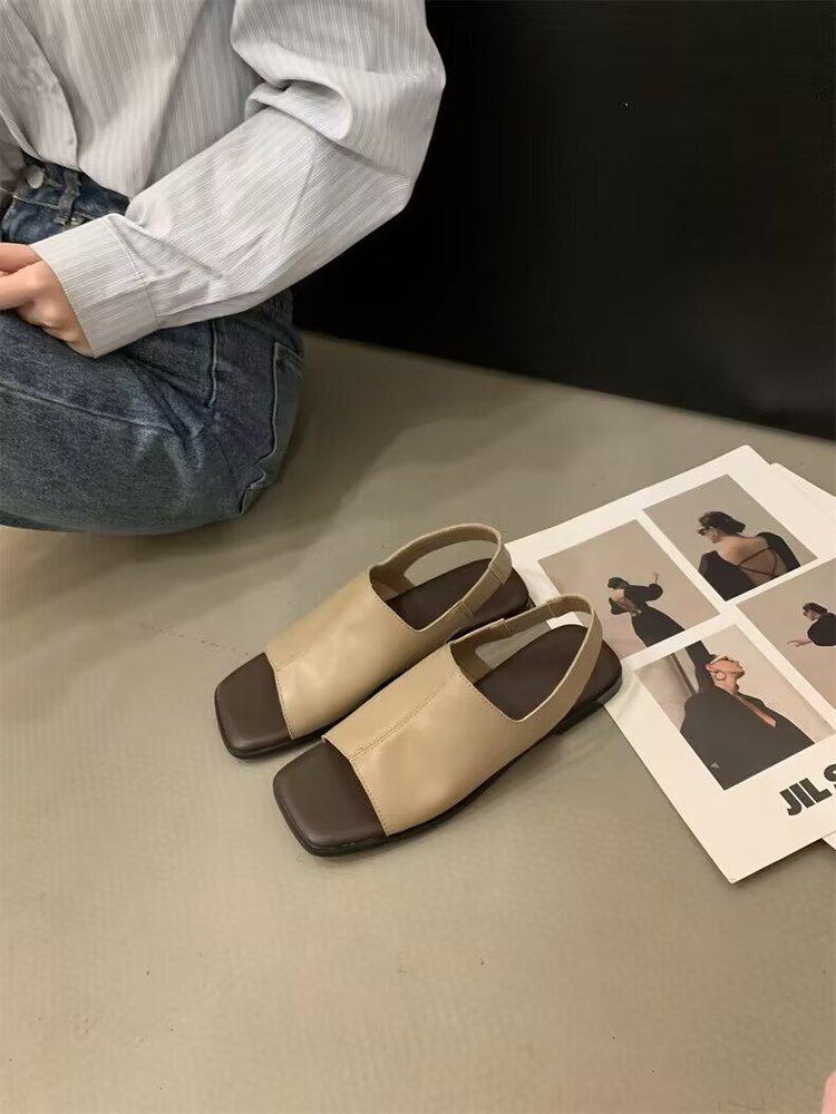 

Korean Style Female Sandals Square Head Flat Bottom Shoes Summer Retro Fashion Solid Color Lightweight Beach Slippers 42