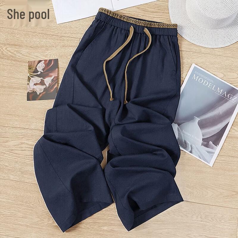Women s Drawstring Elastic Waist Linen Blend Casual Trousers S