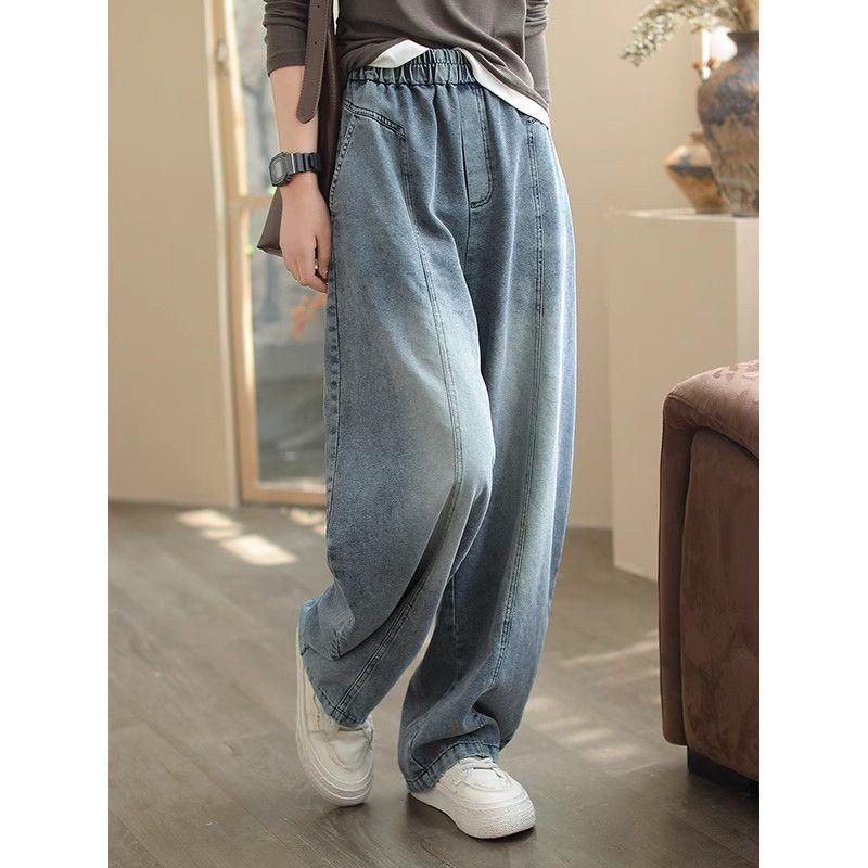 

Women s Plus Size Elastic Waist Denim Wide-Leg Harem Pants - Slimming and Casual for Spring and Autumn 2XL (75-82.5 kg) светло-синий