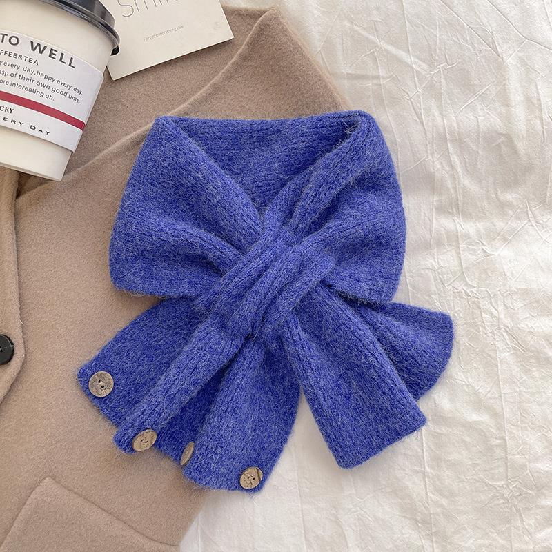 Small Scarf Short Women's Autumn and Winter Cross Knitted Scarf Korean Style Color Matching Scarf Winter Warm Button Neck Gaiter