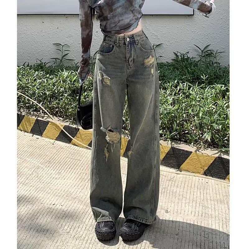 

Женские джинсы с высокой талией, в стиле ретро, с необработанным краем и рваностями - Весна/Осень 2025, широкие брюки, стройнящие Extra Large синий