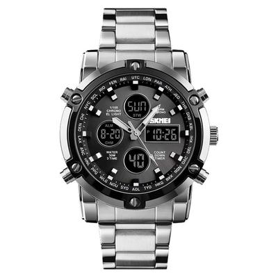 HINICE Men's Digital Analog Chronograph Watch Black White Stainless Steel 30M Waterproof Calendar Stopwatch