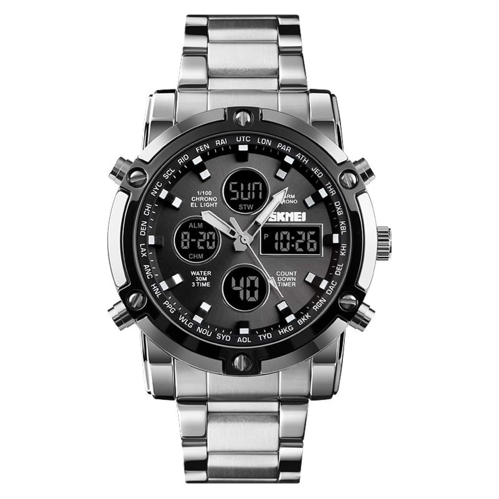 HINICE Men s Digital Analog Chronograph Watch Black White Stainless Steel 30M Waterproof Calendar Stopwatch