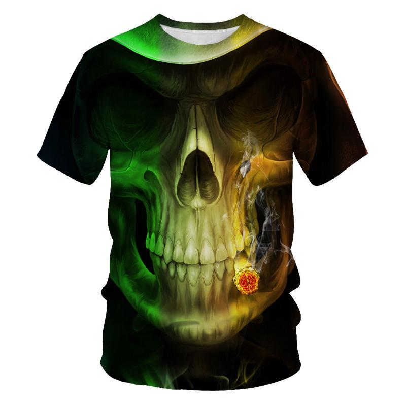 Fashion Men's Crew Neck Short Sleeve 3D Skull Color Printed Skull Short Sleeve Crew Neck T-Shirt