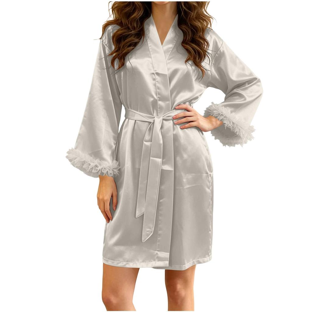 Vestaglia Camicia da Notte in Pizzo a Rete a Manica Lunga da Donna per la Casa