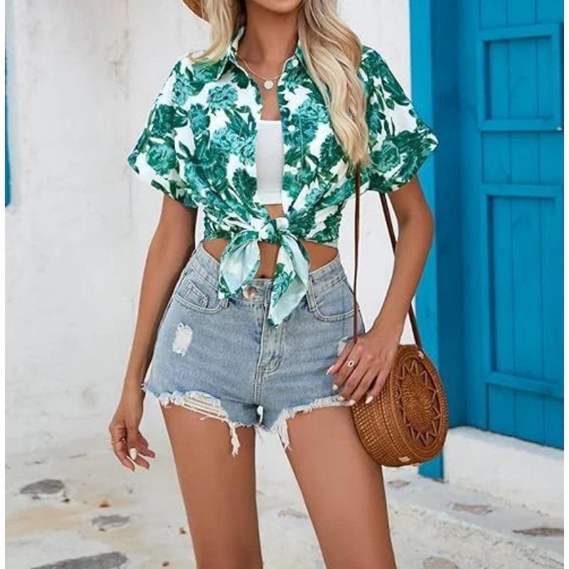 Sommer Neues Hawaiianisches Hemd für Damen Lässig Kurzärmelig Tropische Blume 3D-bedrucktes Hemd