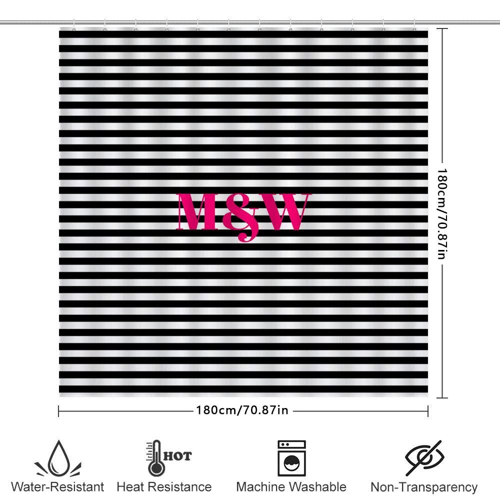 Bathroom Decor Shower Curtain Striped Pattern Print Monogram Custom Name Wedding Gift For Girls Pink M W (Black / W