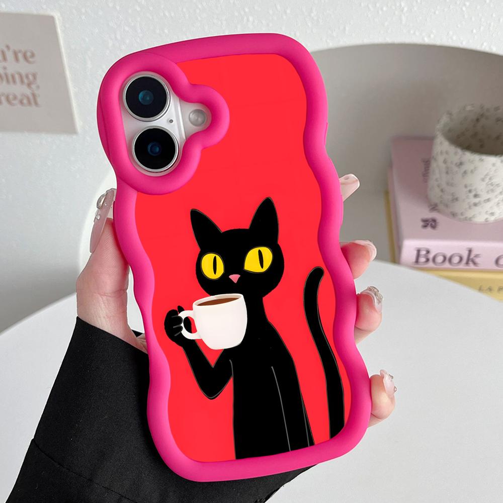 Cute Coffee Cat Wavy Edge TPU Mobile Phone Case for iPhone 17 16 15 14 13 12 11 Air Pro Max Plus Colorful Cover