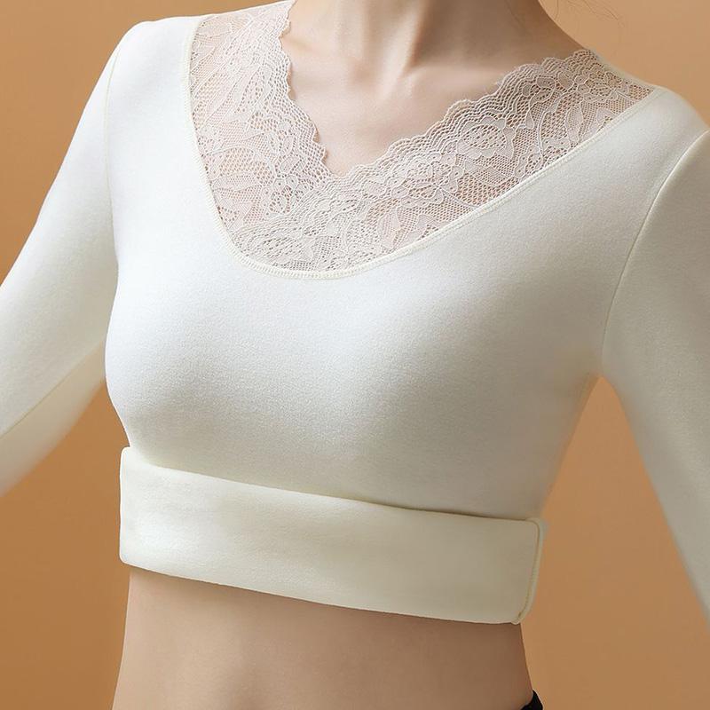 Tops for Women Pullover Long Sleeve V-neck Autumn Winter Warm Slim Thickened Lace Top