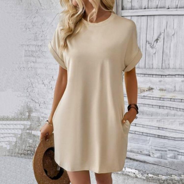 Summer Women Mini Dress Casual Loose Dolman Sleeve Round Neck Short Sleeves Side Pockets Above Knee Length Solid Color Soft Breathable Lady Dress