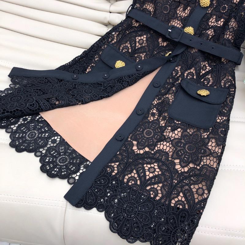 Summer Women Lace Hollow Out Peter Pan Collar Single-breasted Party Dresses Short Sleeve Female Robes with Belts
