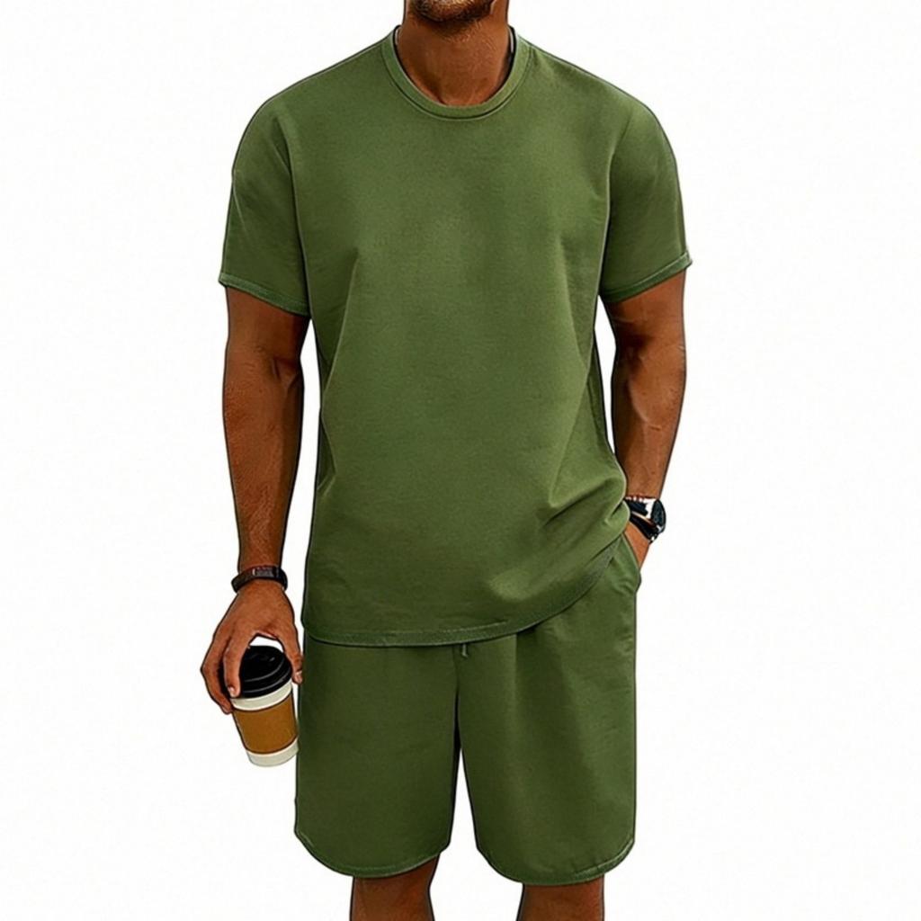 Men's Color Sports Casual Round Neck Short Sleeve Shorts Set