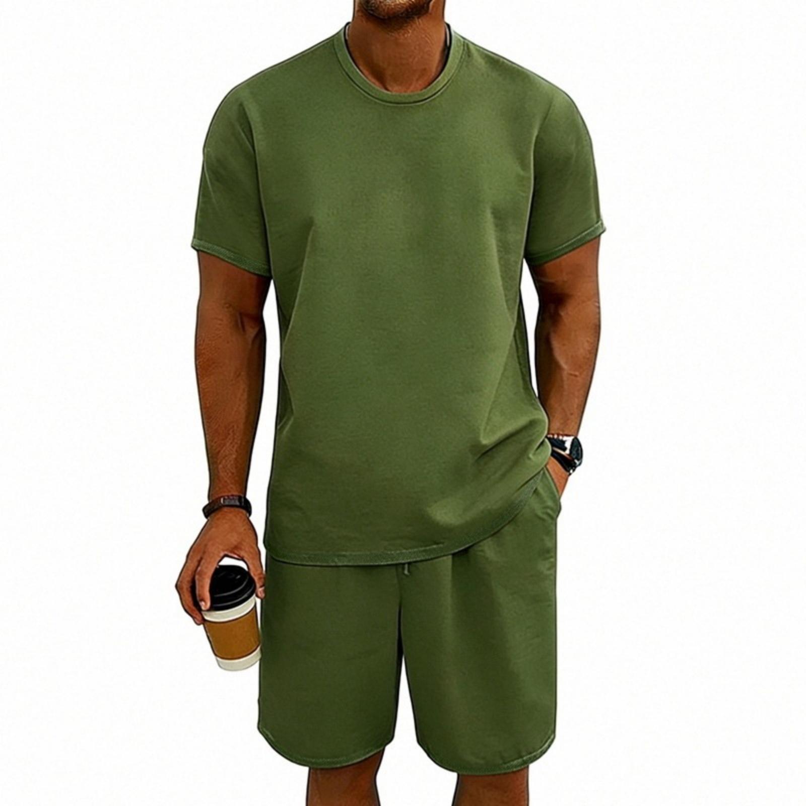

Men s Color Sports Casual Round Neck Short Sleeve Shorts Set L армия зеленый