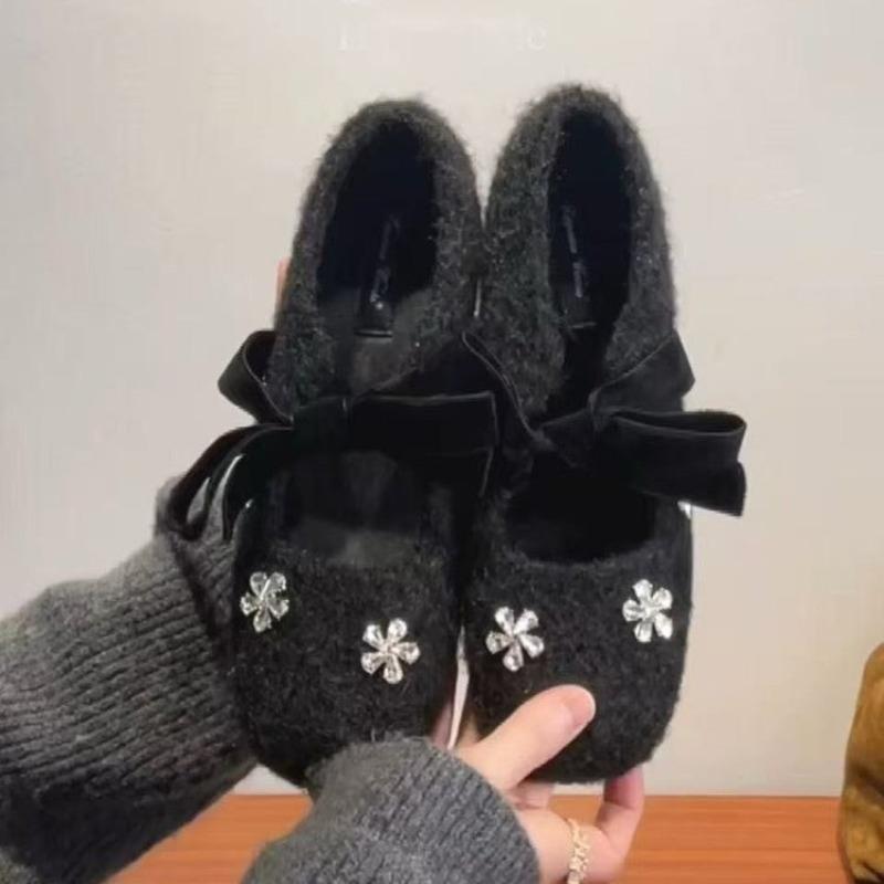Rhinestone inner heightening fleece square head Mary Jane single shoes women's autumn and winter platform ballet shoes fluffy ladyshoes