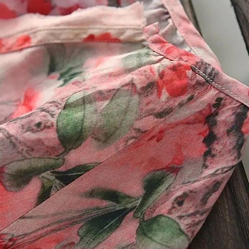 Summer Shirt Vintage Floral Print Tops Women V Neck Leisure Chic Loose Blouses Cotton Linen Thin Half Sleeve Shirts Lady