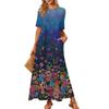 Women's Fashionable And Casual Long Beach Skirt Round Neck Short Sleeved Loose Retro Print Dress