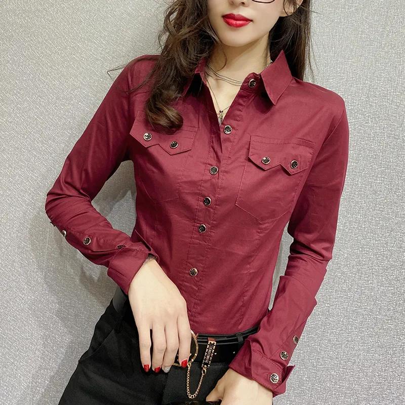 Spring Autumn Office Women's Pocket Blouses Women Button Long Sleeve Shirt Up Tops Plus Size