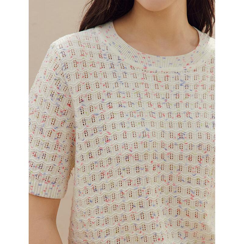 INMAN Women's Openwork Polka Dot Short Sleeve Knit Top
