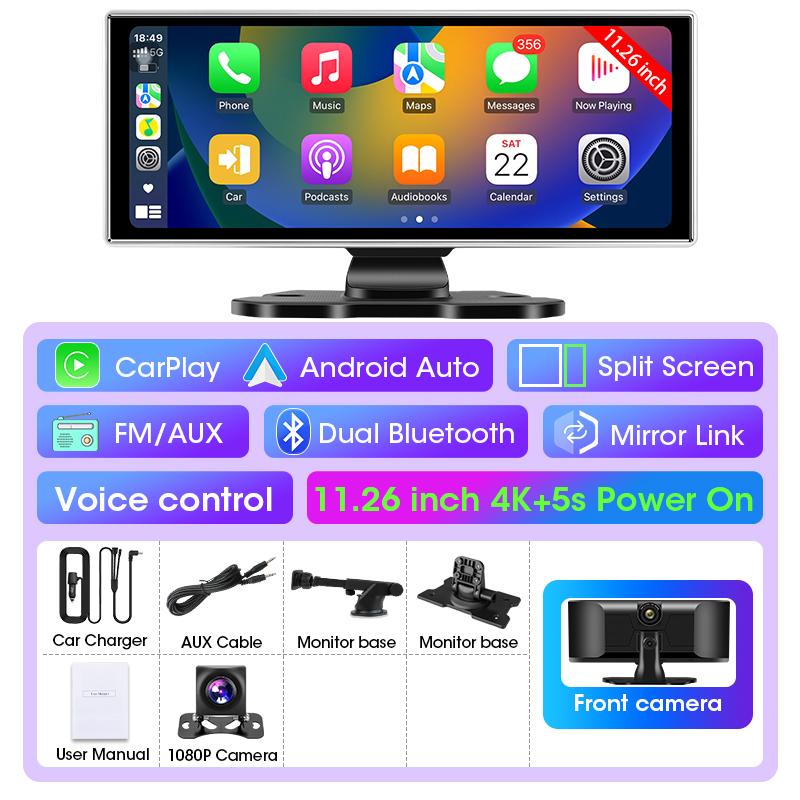 11.26" 4K Dash Cam Rear View Camera Wireless Carplay Android Auto Dual Lens Car DVR Video Recorder AUX GPS BT FM Mirror Monitor