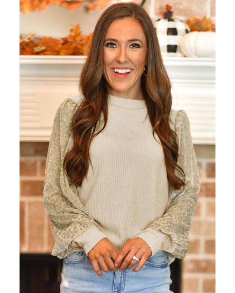 Azura Exchange Leopard Print Long Sleeve Ribbed Knit Blouse