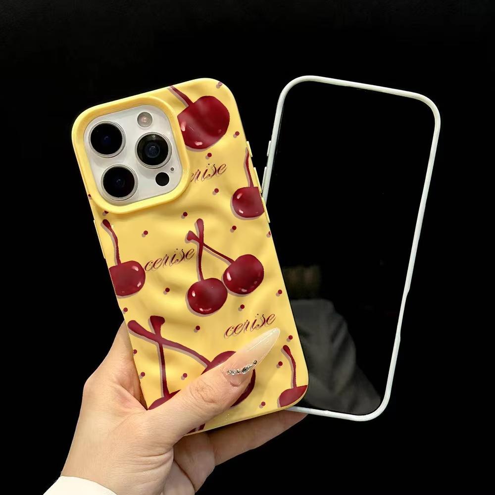 Korean Cherry Pattern Phone Case For iPhone 17 16 15 14 13 12 11 Pro Max 14 15 Plus 17 Air Wrinkle Wave Soft Silicone Drop Cover